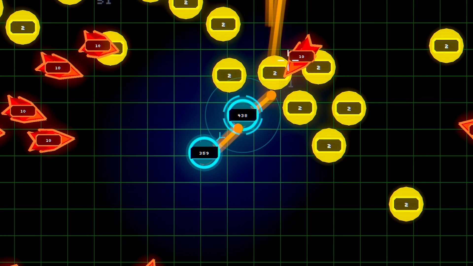 A cyan cluster firing from every node into a red swarm