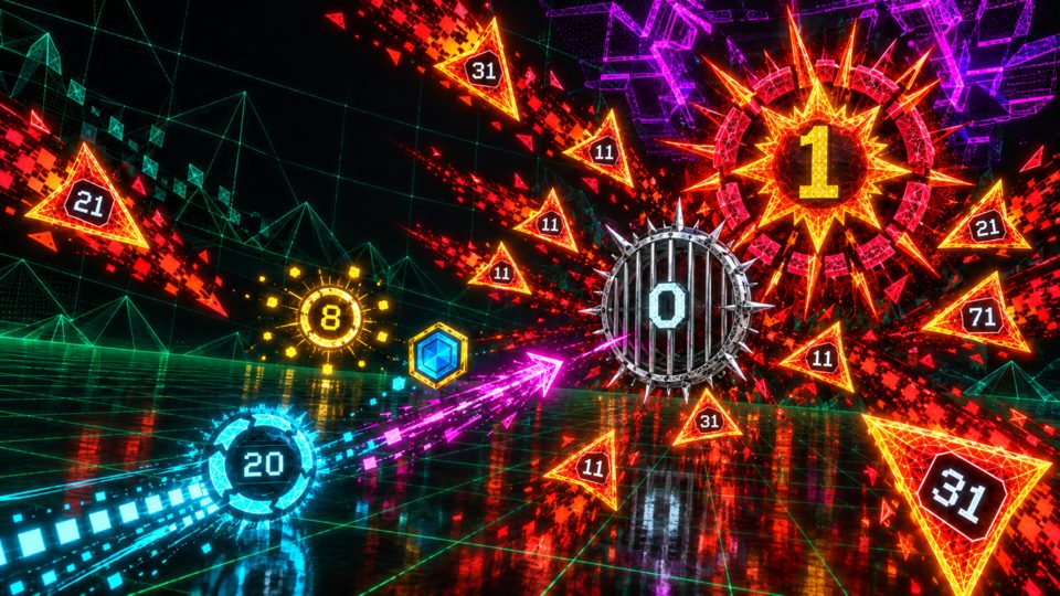 Key art without text: a small cyan number faces a red swarm pouring out of the burning Numero Uno starburst